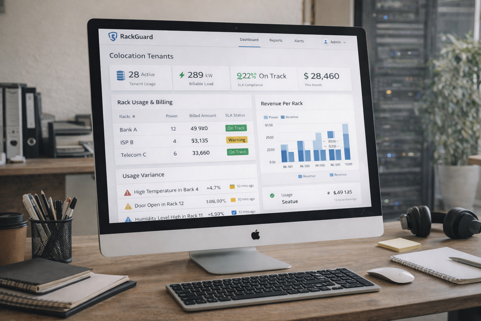 RackGuard colocation power analytics and SLA evidence dashboard view